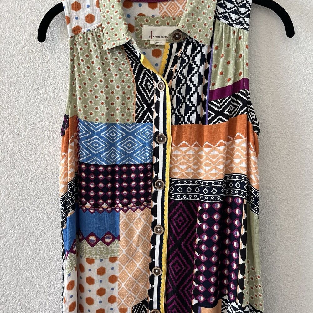 ANTHROPOLOGIE Women's Everyway Shirt Dress Size 2P Patchwork Boho Colorful Artsy - Picture 4 of 16